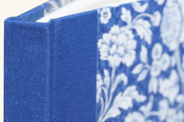 blue linen spine, cover paper blue and white with floral pattern